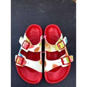 Country Club Chic Birkenstock Cuba Red Floral 3 Strap Buckle Slide Sandals